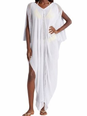 Elan Open-Stitch Detail Caftan Coverup ~ White